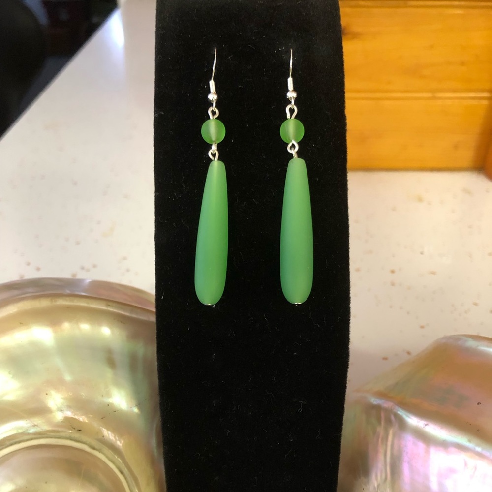 Handmade Sterling Silver 925 - Opaque Dark Green Cultured Sea Glass Earrings